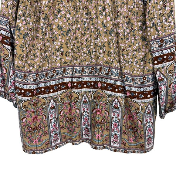 Hayden LA Tan Floral Boho Peasant Blouse Top Sz Small Surplice Flowy Lightweight - Picture 7 of 9